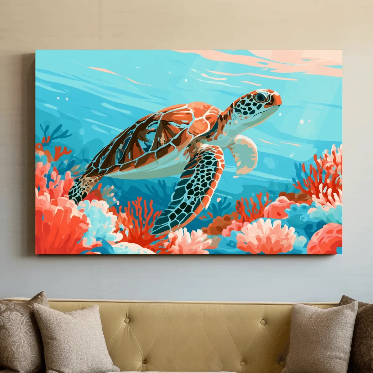 Mid-Century Sea Turtle Reef Illustration - Minimalist Marine Life Wall Art