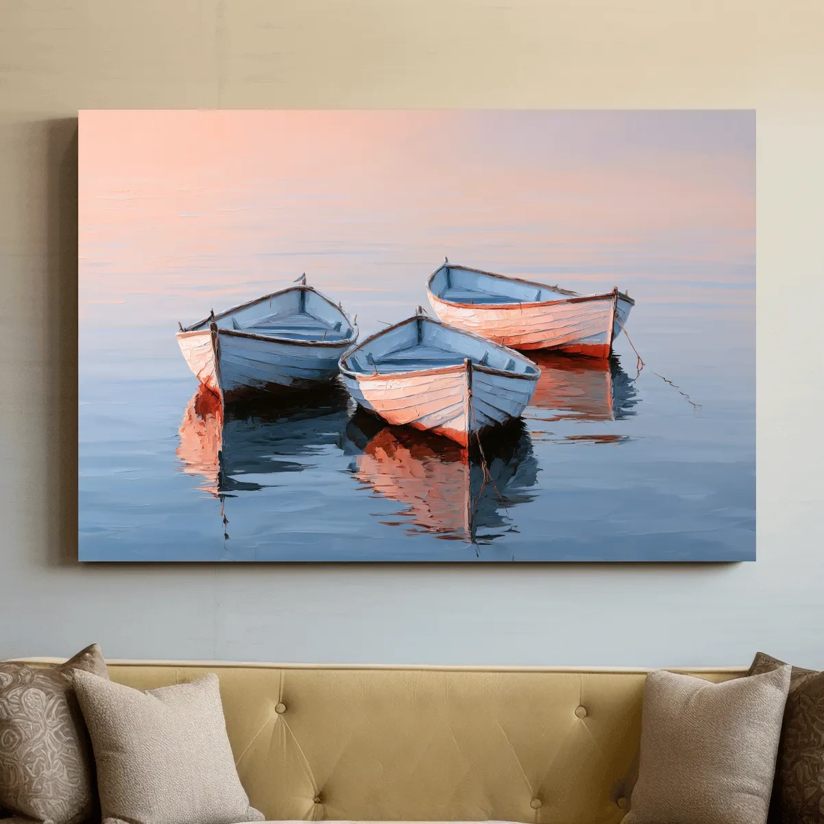 Three Rowboats on Still Water - Impasto Style Nautical Painting Art
