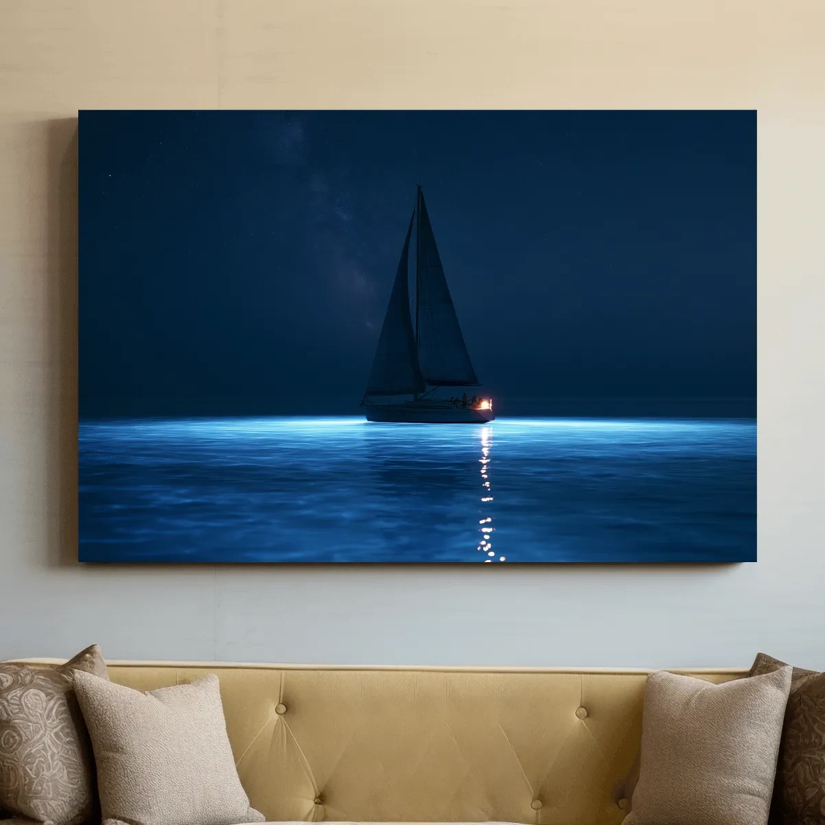 Moonlit Sailboat Silhouette - Surreal Photographic Ocean Wall Art
