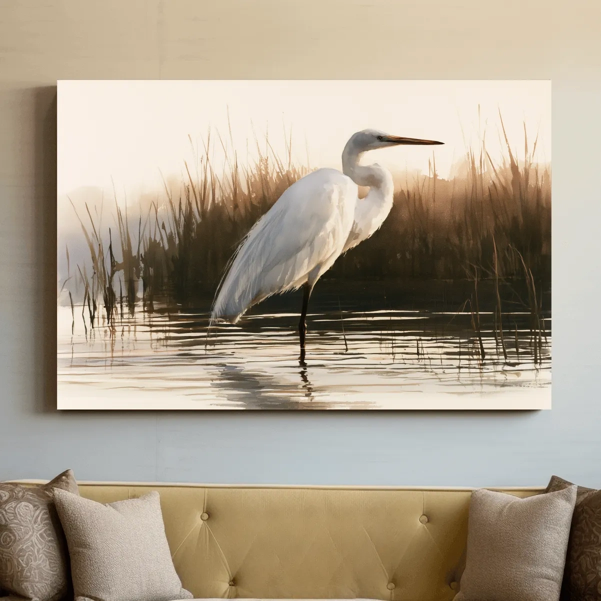 Graceful Great Egret Marsh - Serene Wetland Watercolor Artwork