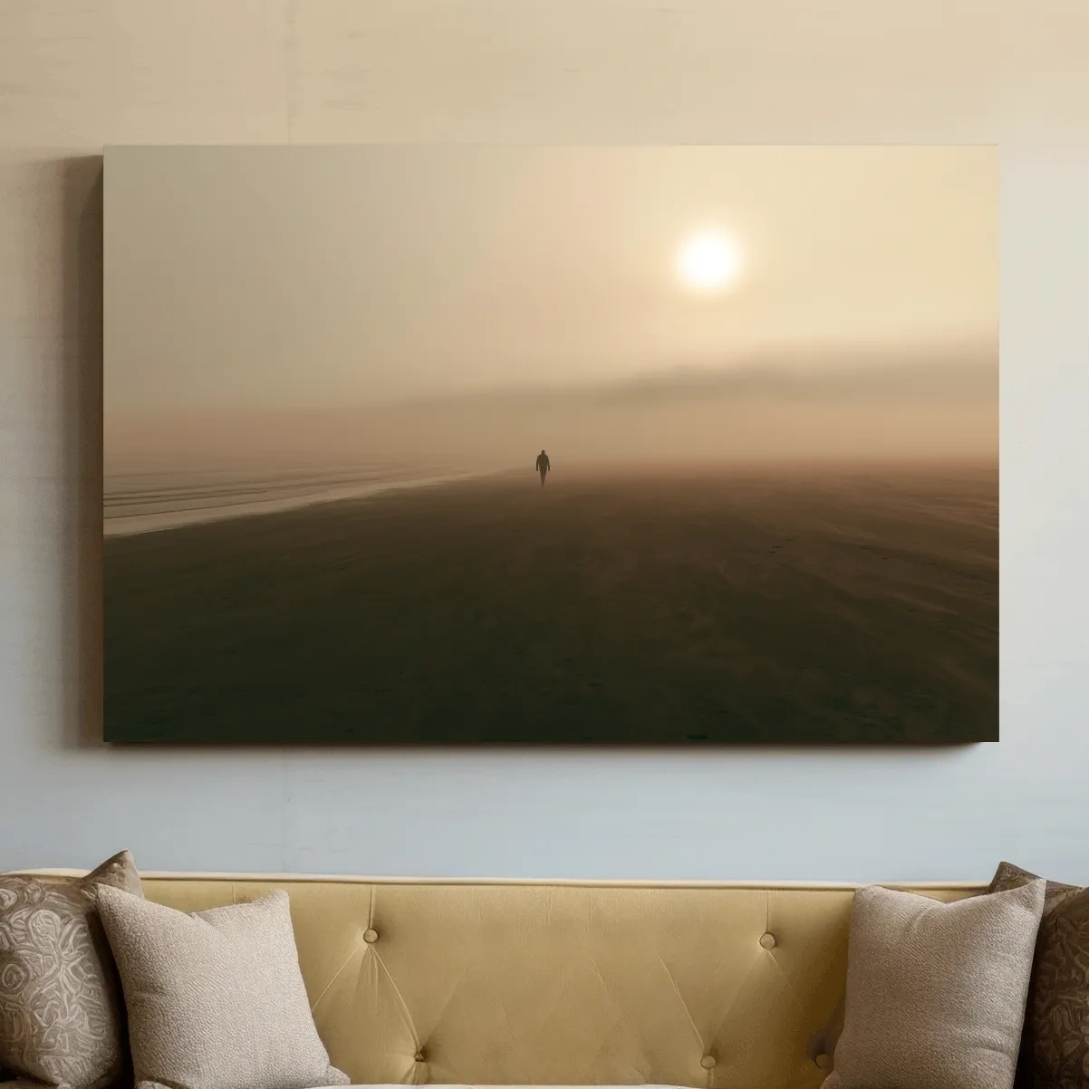 Misty Solitary Beach Walker - Minimalist Photographic Wall Art