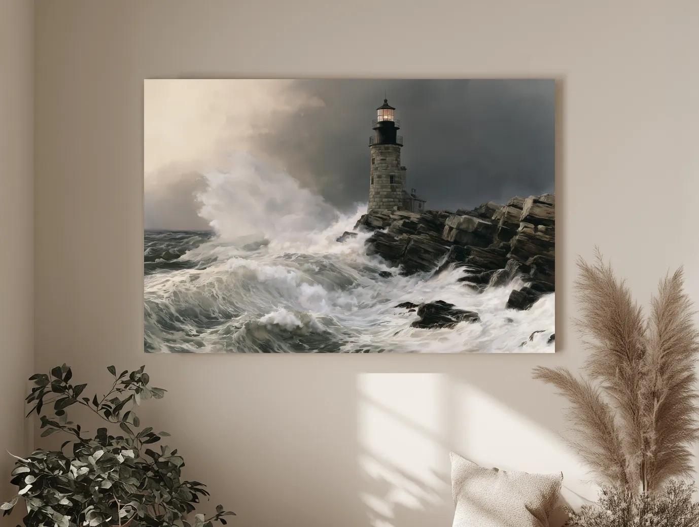 Stormy Lighthouse Seascape Painting - Dramatic Waves Wall Art