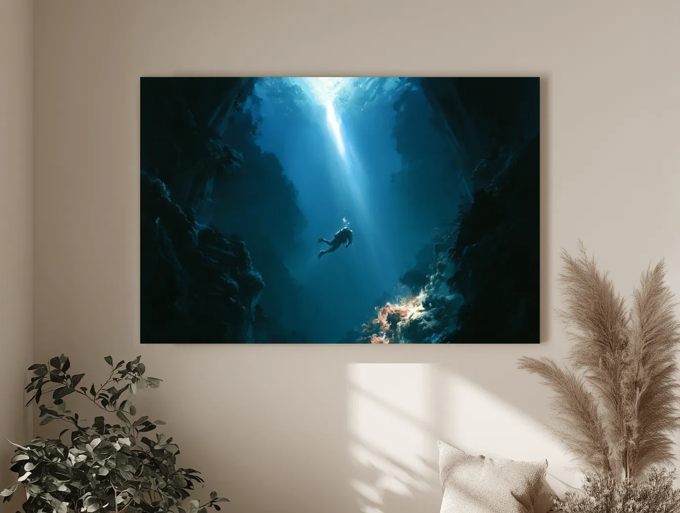 Surreal Underwater Scuba Diver Painting - Dramatic Deep Sea Wall Art
