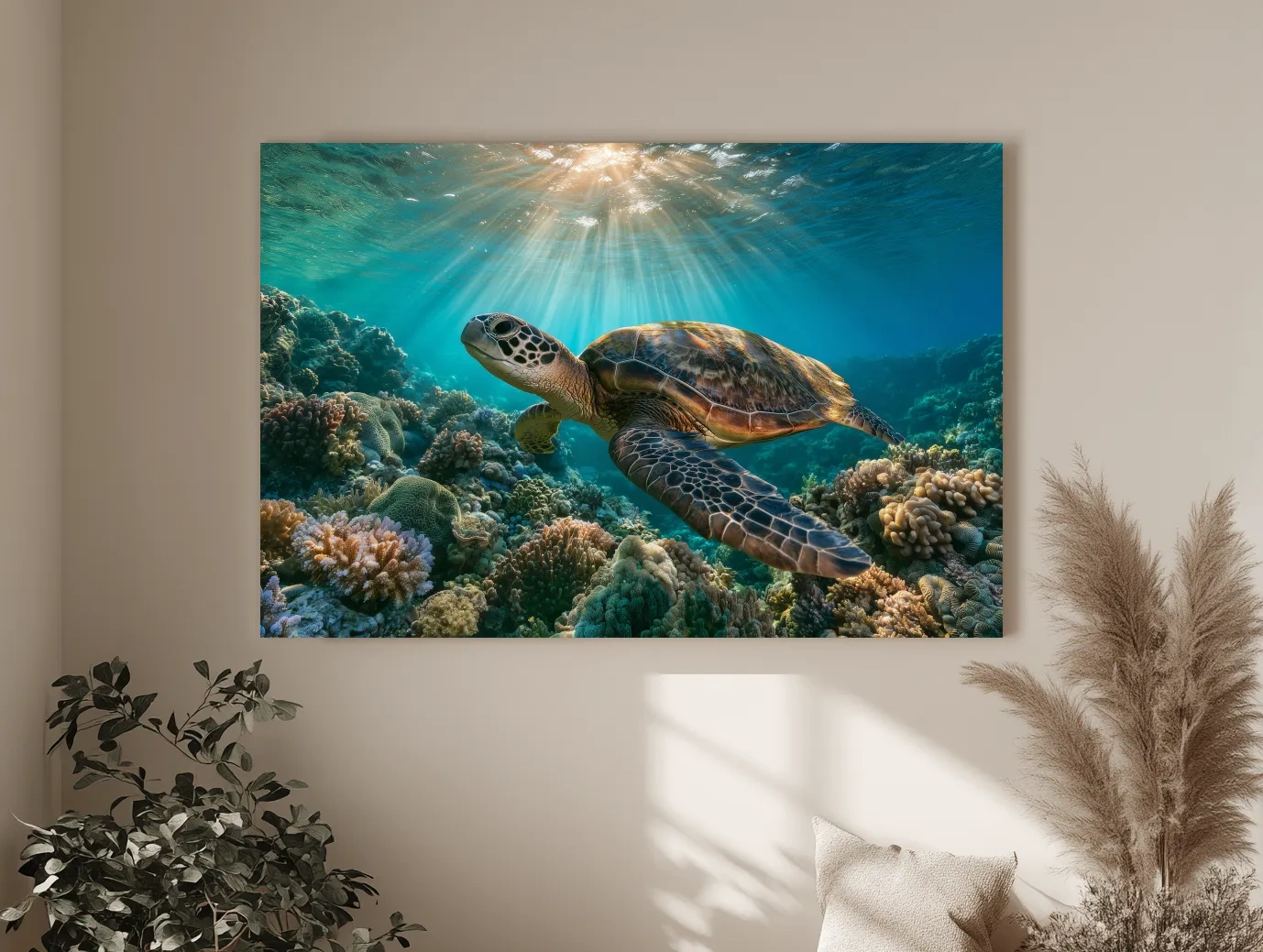 Sunlit Sea Turtle Coral Reef - Underwater Marine Life Photographic Artwork