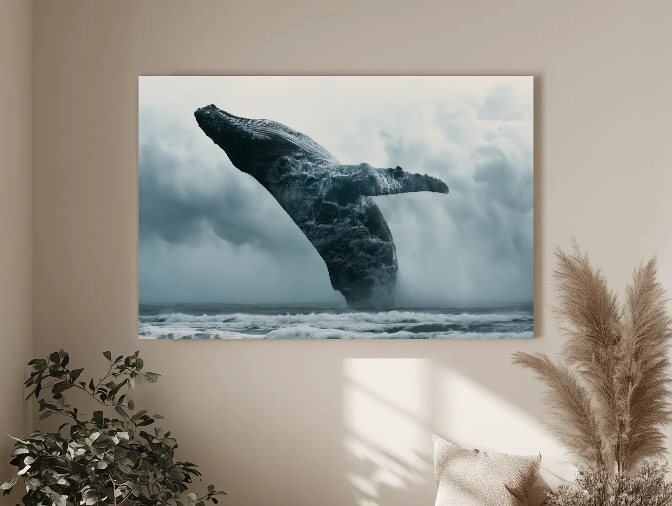 Surreal Humpback Whale Double Exposure - Stormy Ocean Illustration Wall Art