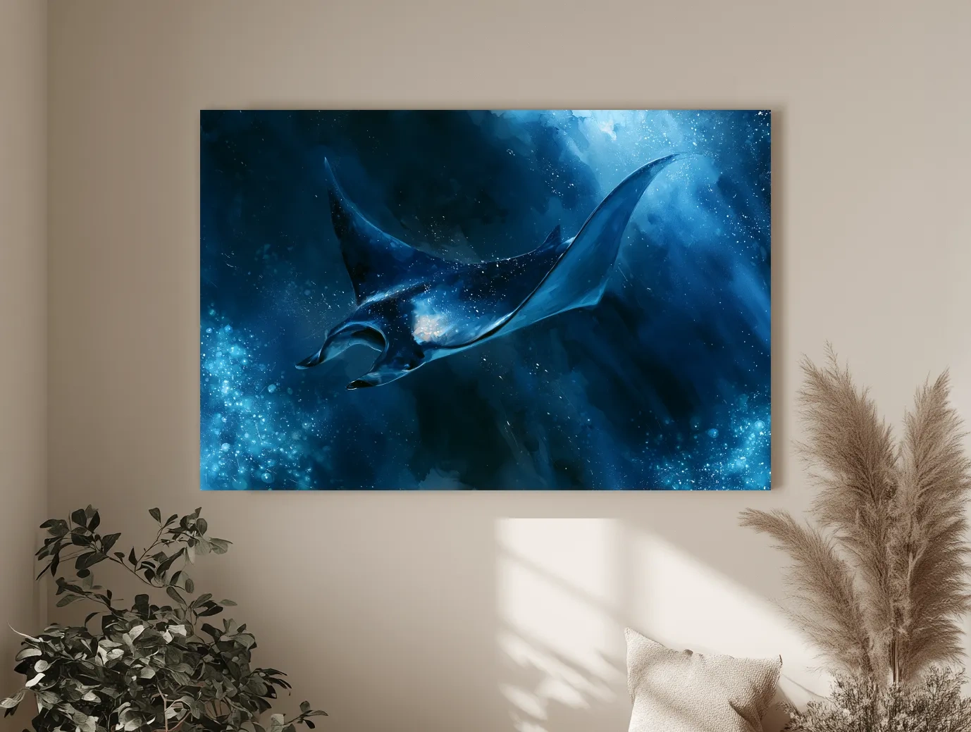 Majestic Manta Ray Underwater Painting - Dramatic Marine Life Wall Art
