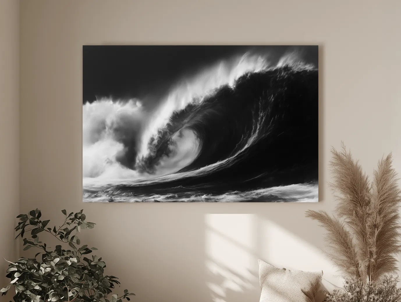 Abstract Curling Wave Drawing - Dramatic Monochrome Ocean Wall Art