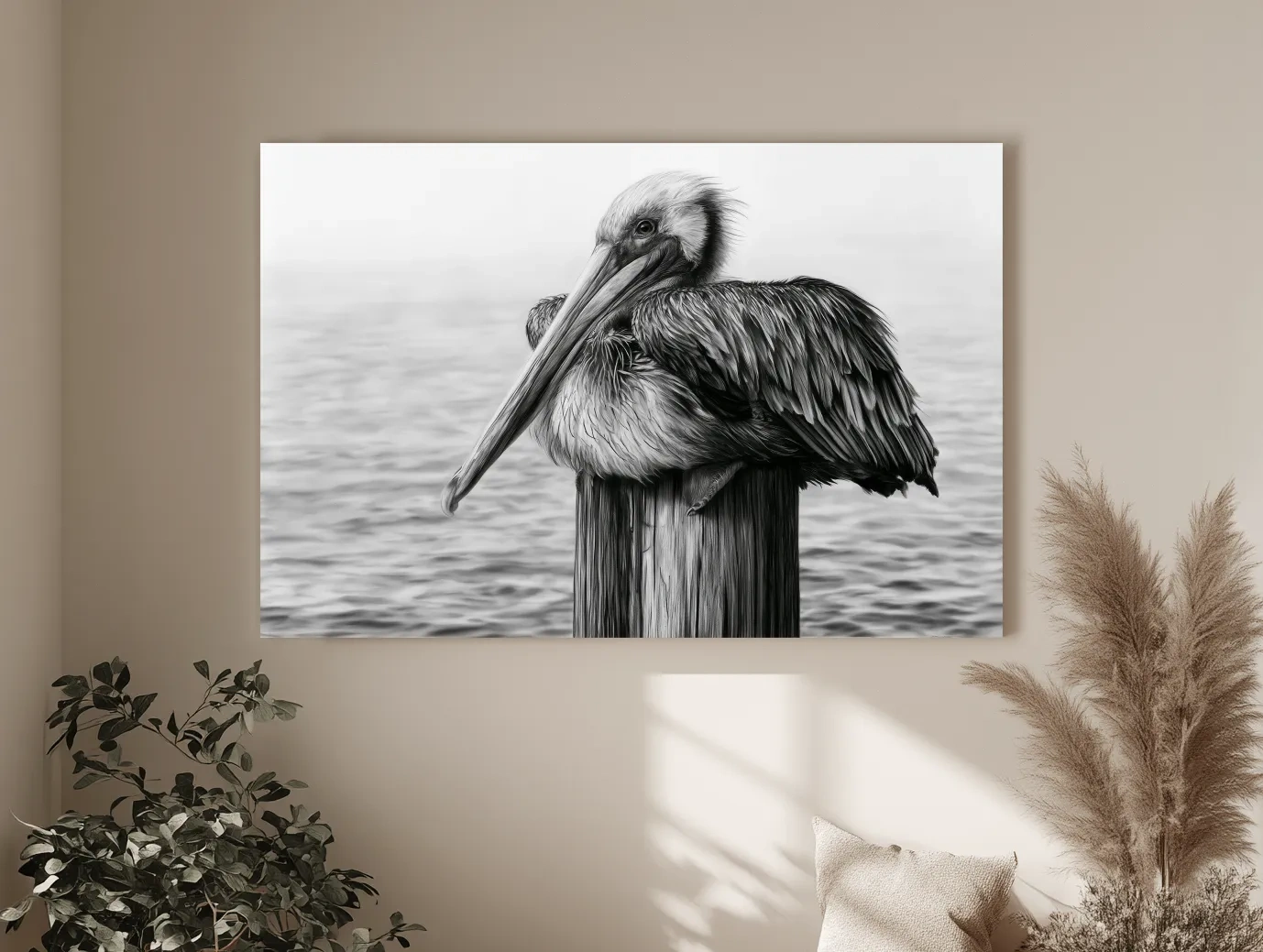 Solitary Pelican Charcoal Drawing - Monochrome Marine Life Wall Art