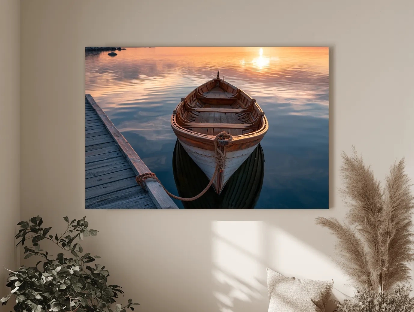 Vintage Wooden Rowboat at Golden Sunrise - Photographic Nautical Wall Art