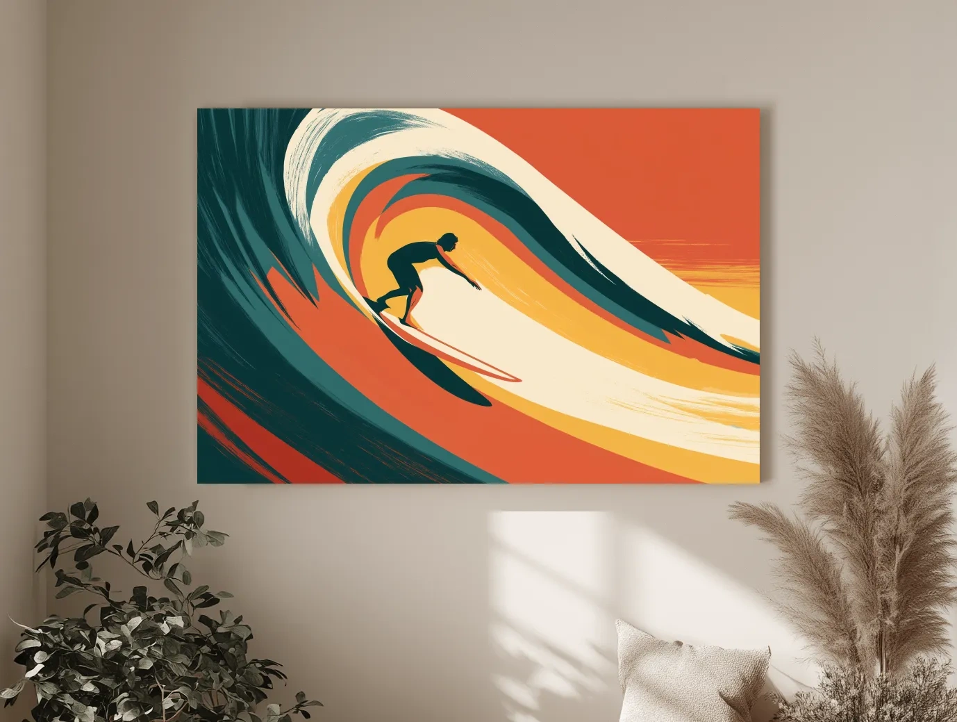 Mid-Century Surfer Riding Wave - Retro Vector Ocean Wall Art