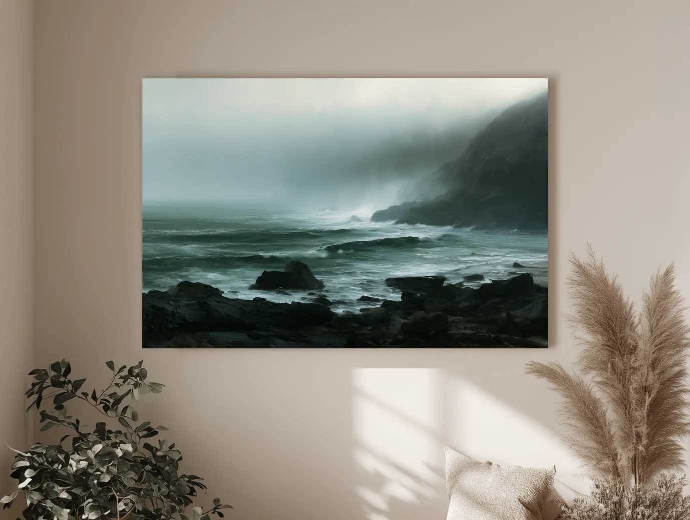 Misty Rocky Coastline Painting - Dramatic Foggy Seascape Wall Art