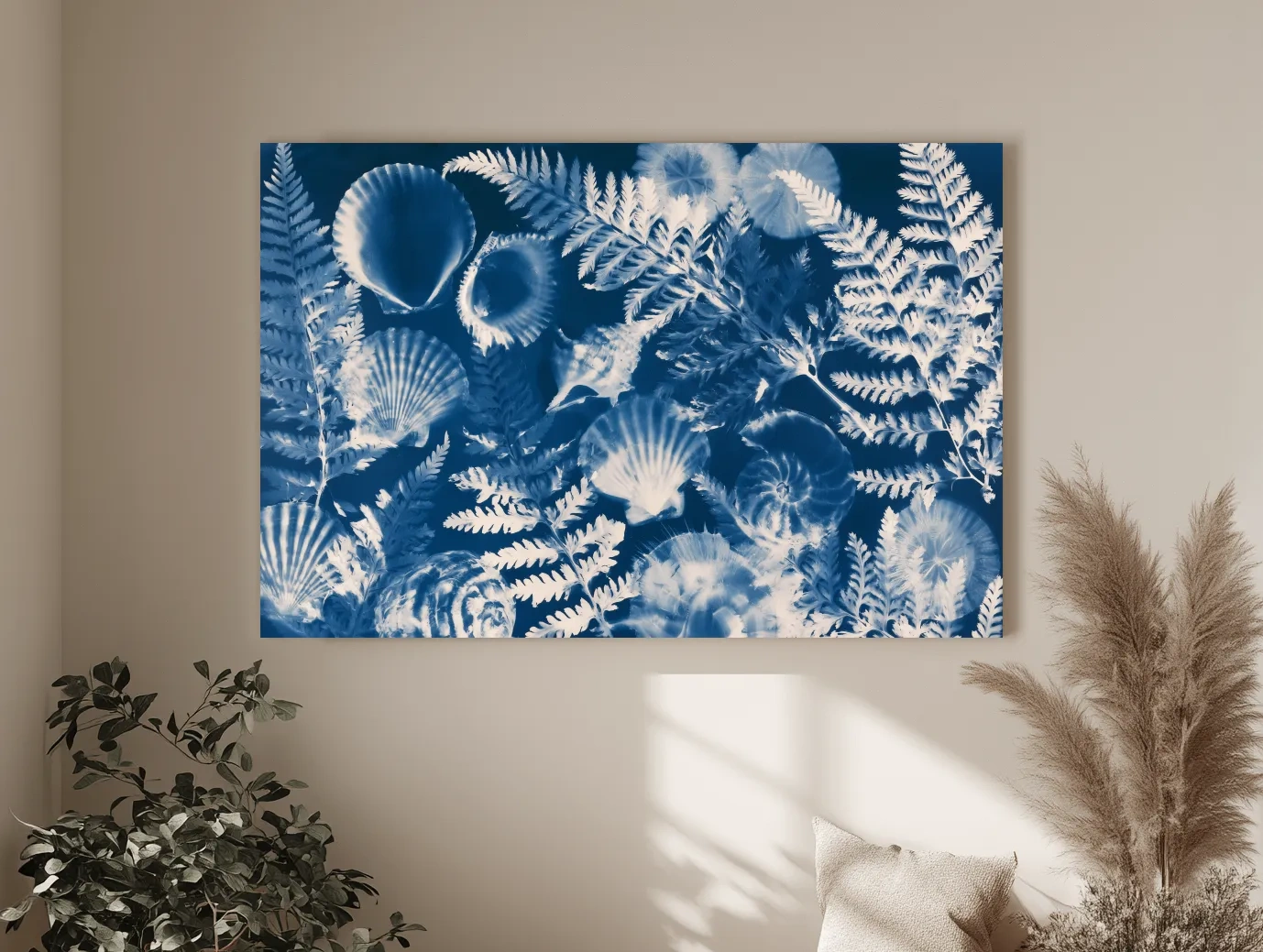 Cyanotype Seashell And Fern Illustration - Hamptons Tropical Wall Art