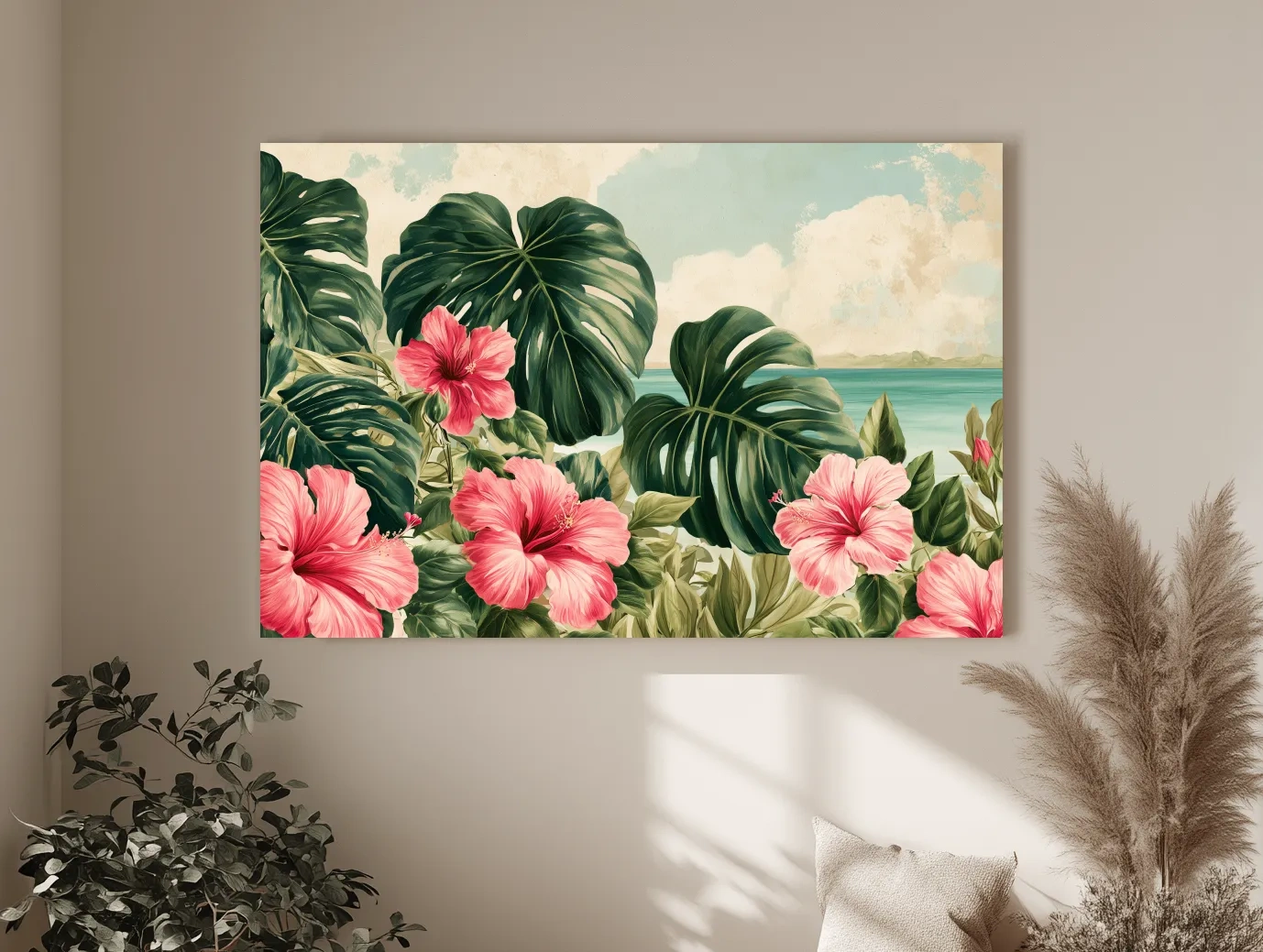 Tropical Hibiscus And Monstera Watercolour - Coastal Botanical Wall Art