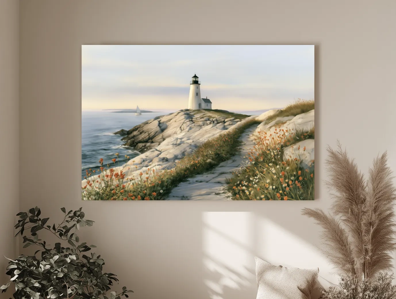 Serene Rocky Lighthouse Painting - Coastal Landscape Wall Art