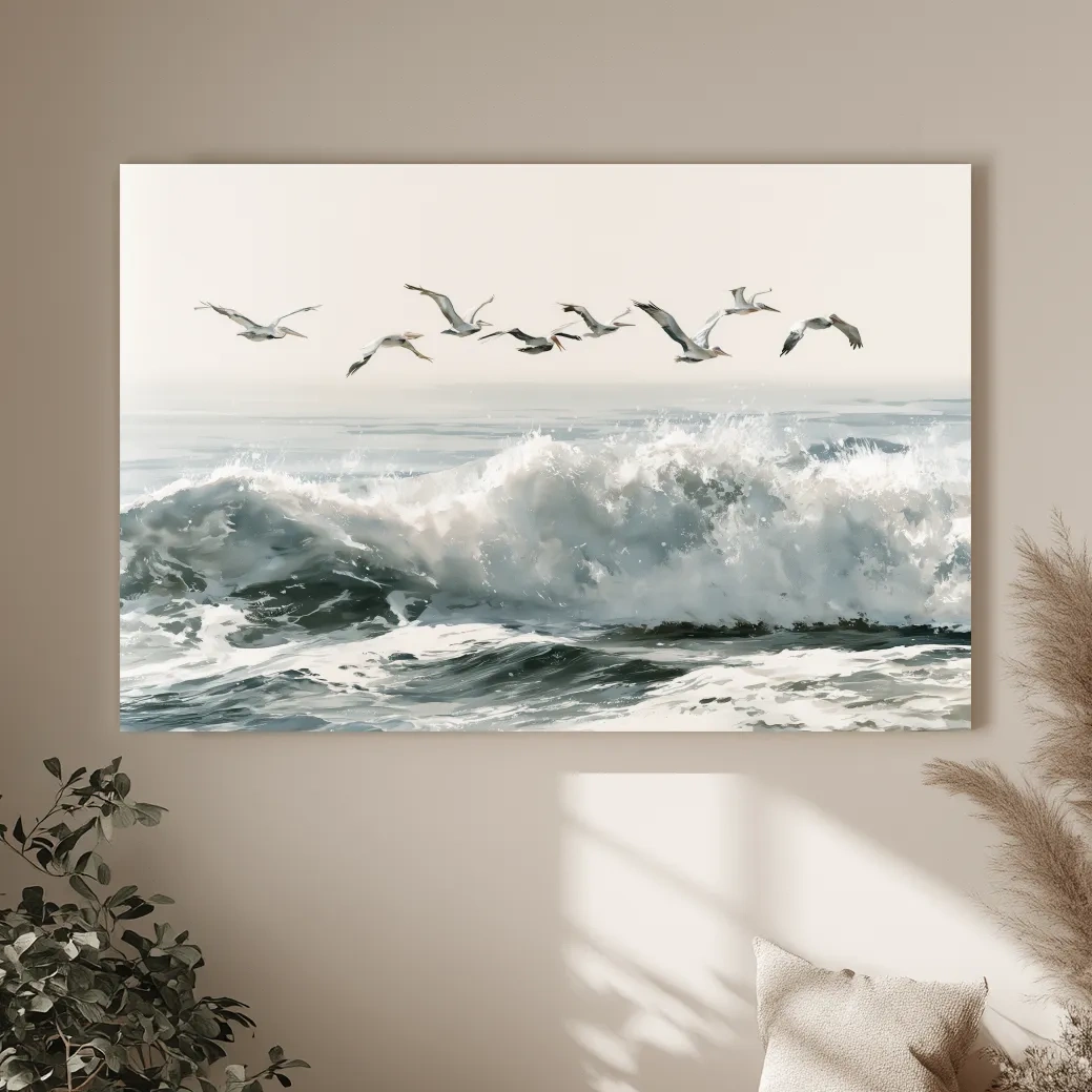 Soaring Seagulls Above Crashing Waves - Ocean Painting Wall Art