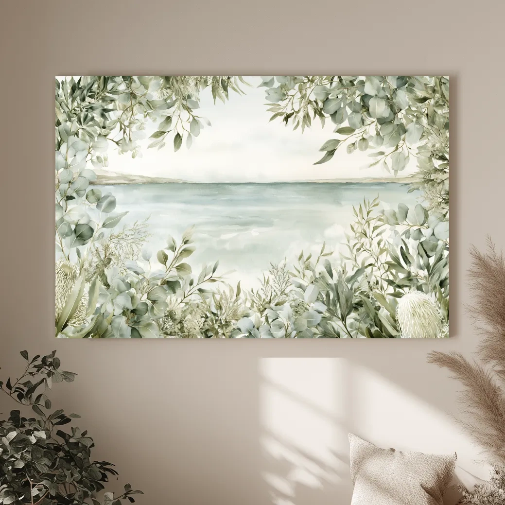 Coastal Eucalyptus Botanical Illustration - Serene Beach Wall Art