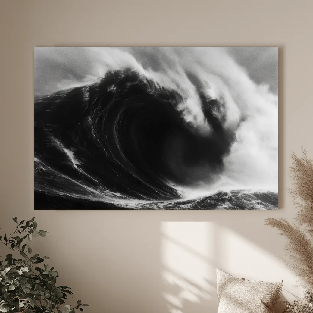 Abstract Monochrome Crashing Wave Drawing - Dramatic Ocean Wall Art
