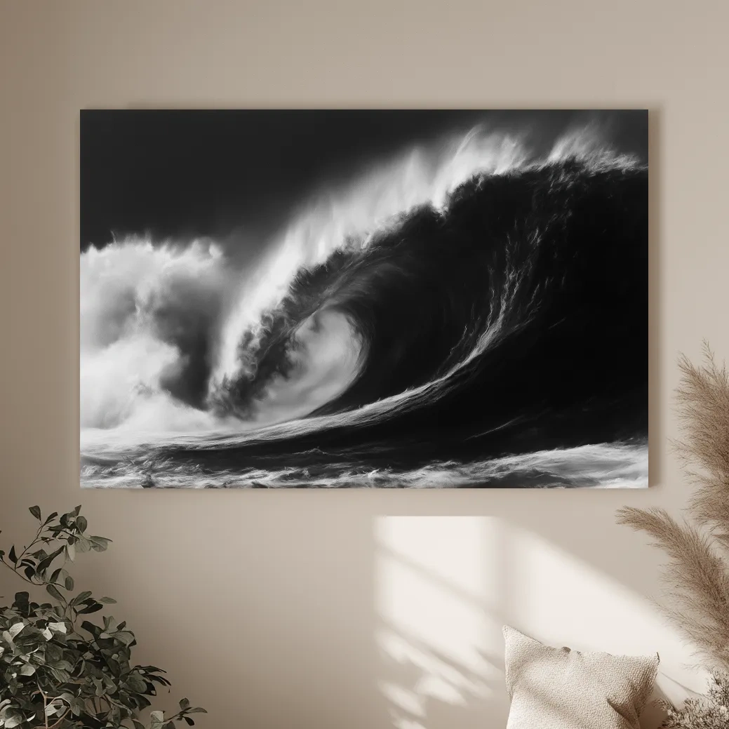Abstract Curling Wave Drawing - Dramatic Monochrome Ocean Wall Art