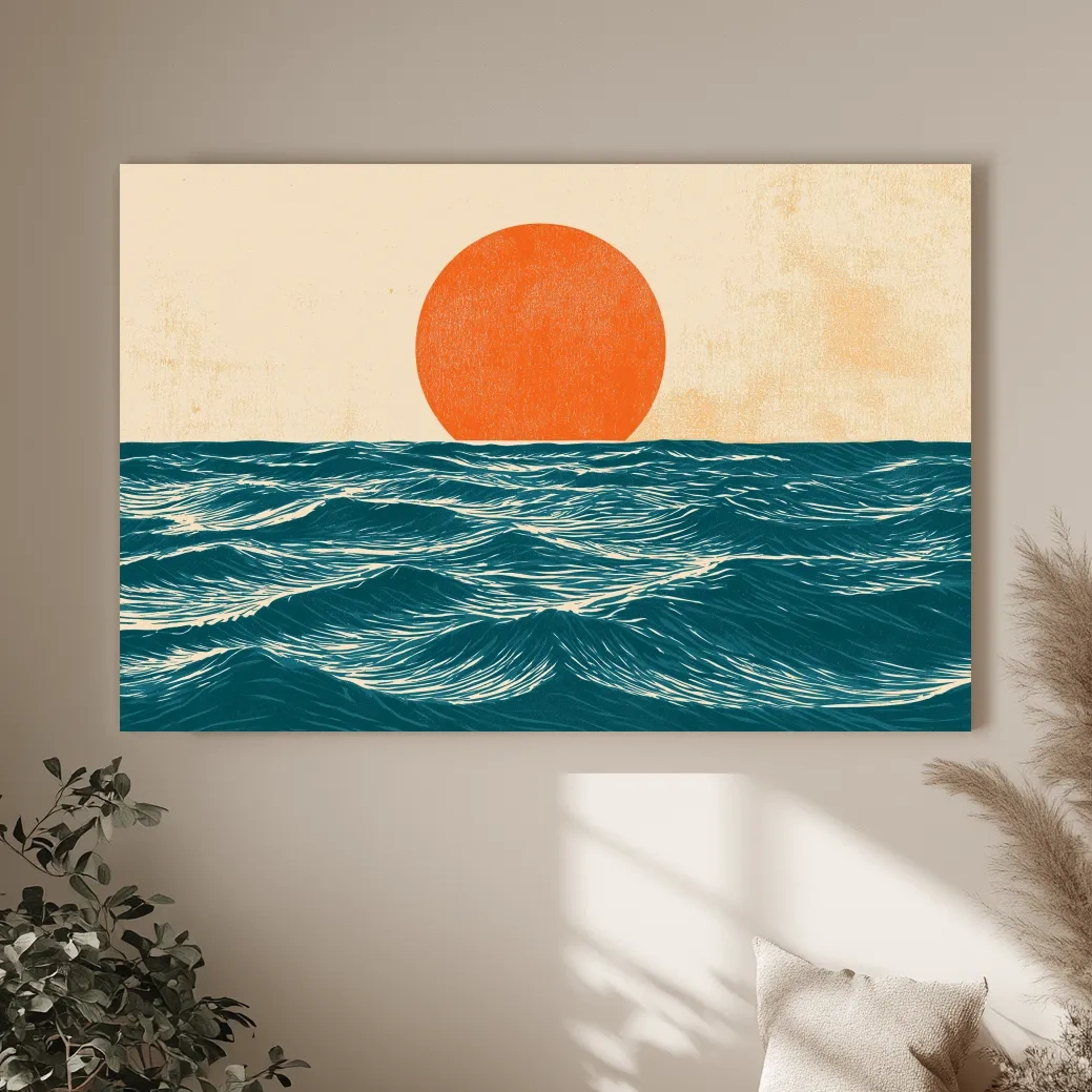 Mid-Century Ocean Sunrise Illustration - Minimalist Wave Wall Art