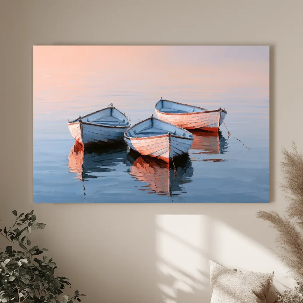 Three Rowboats on Still Water - Impasto Style Nautical Painting Art