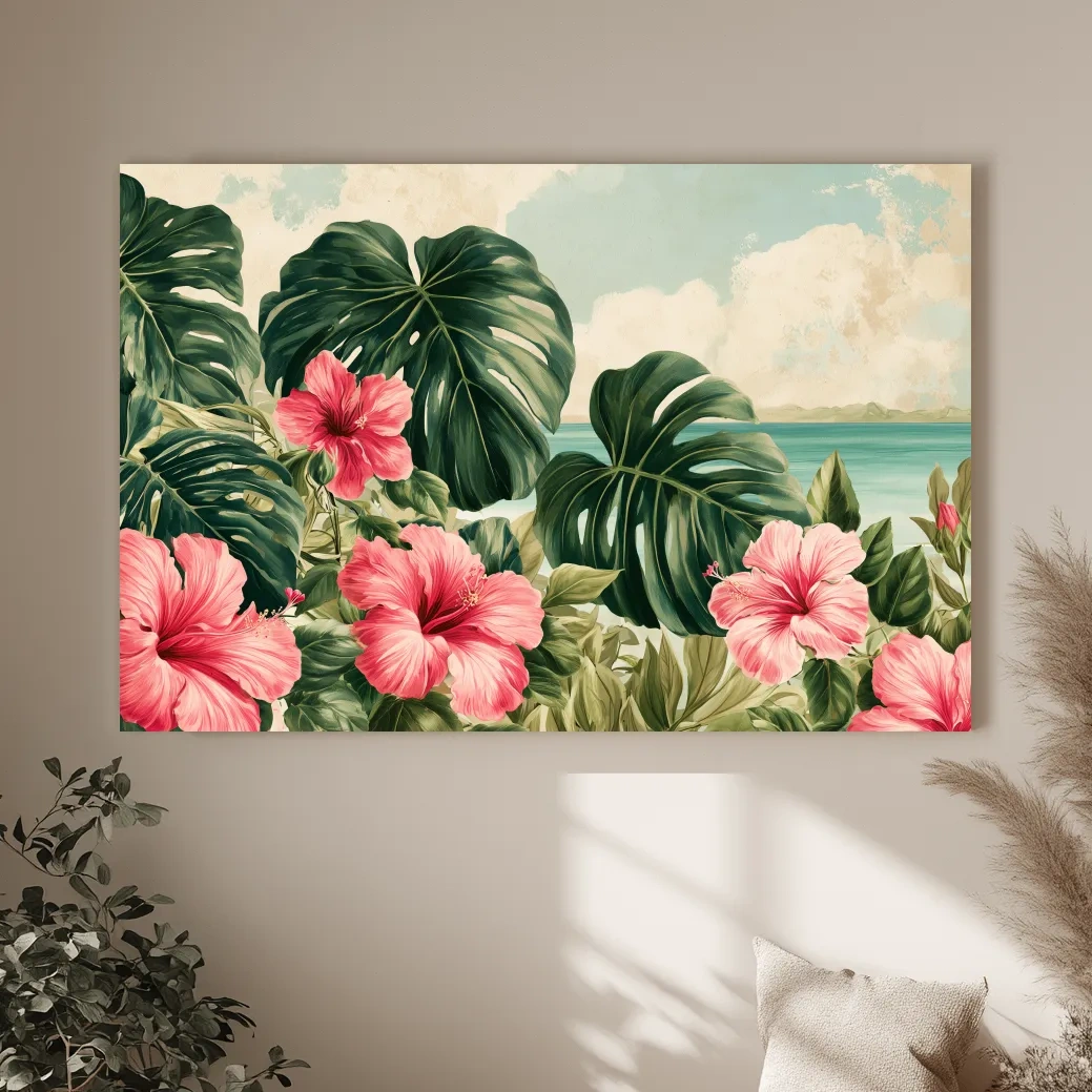 Tropical Hibiscus And Monstera Watercolour - Coastal Botanical Wall Art