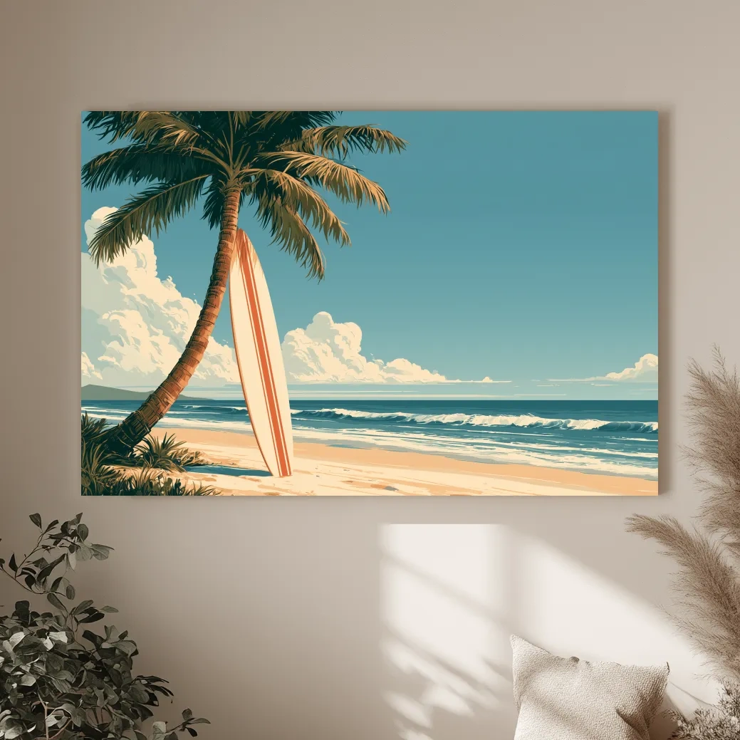Vintage Tropical Surfboard Beach - Retro Coastal Wall Art