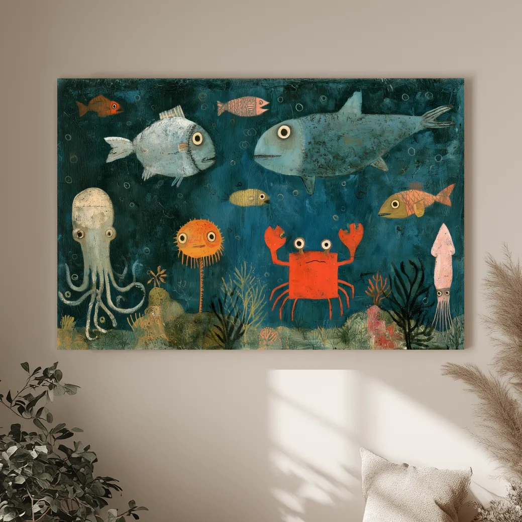 Whimsical Folk Art Marine Life Painting - Underwater Nursery Wall Art