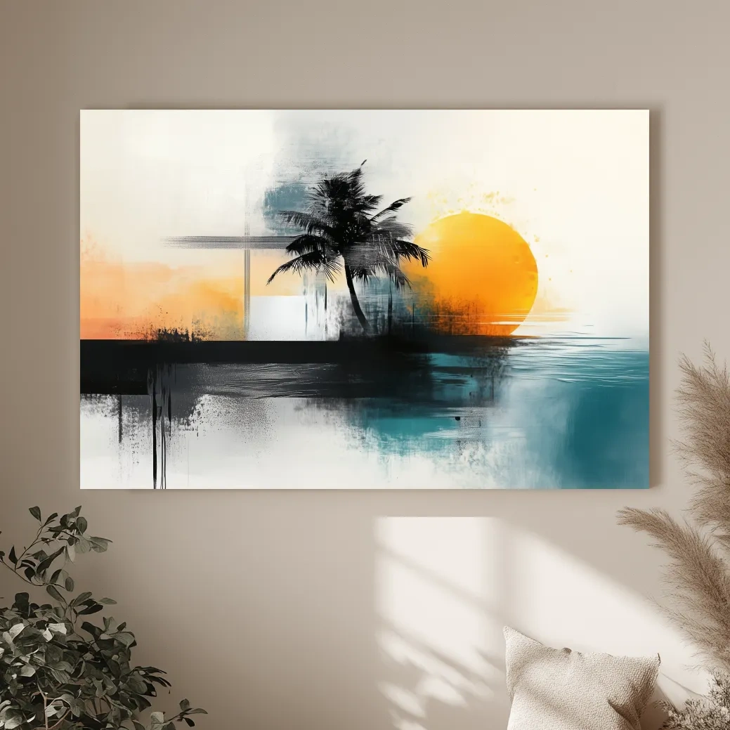 Abstract Tropical Palm Sunset Painting - Beach Horizon Wall Art