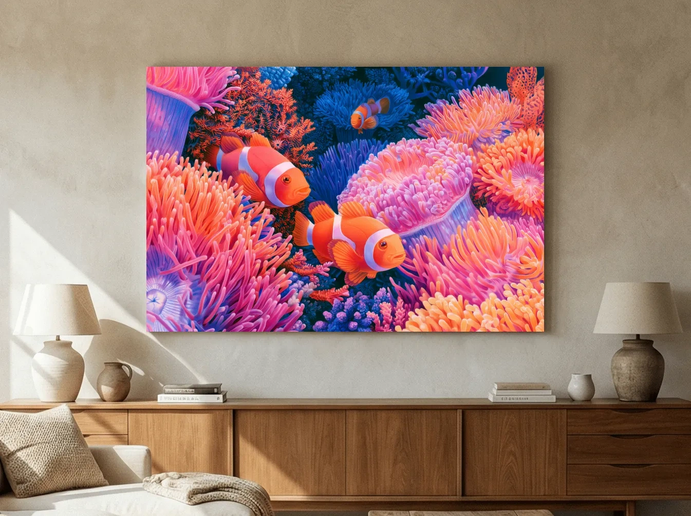 Vibrant Clownfish Coral Reef Drawing - Marine Life Wall Art