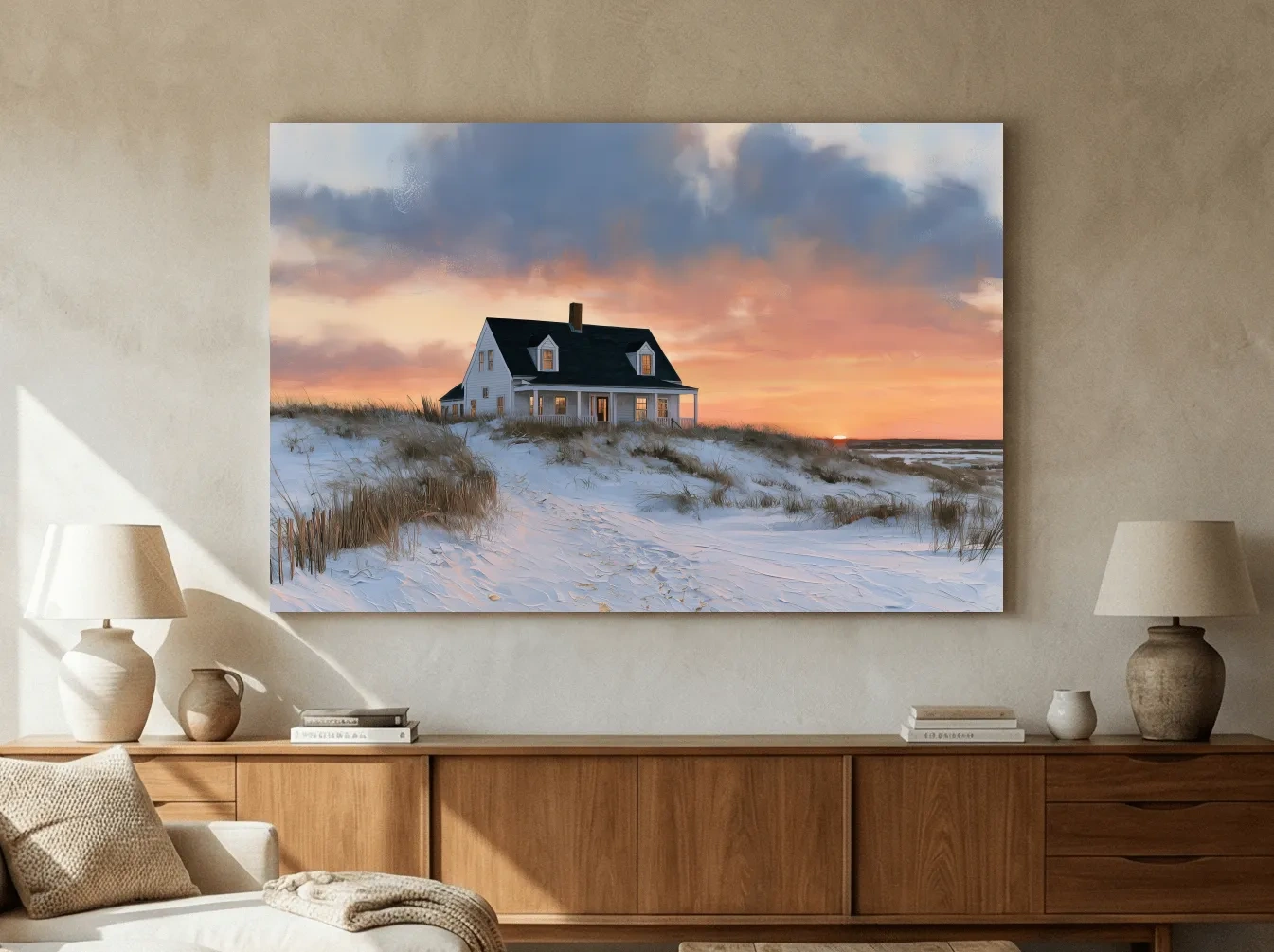 Beach House Sunset Dunes - Coastal Landscape Painting Wall Art