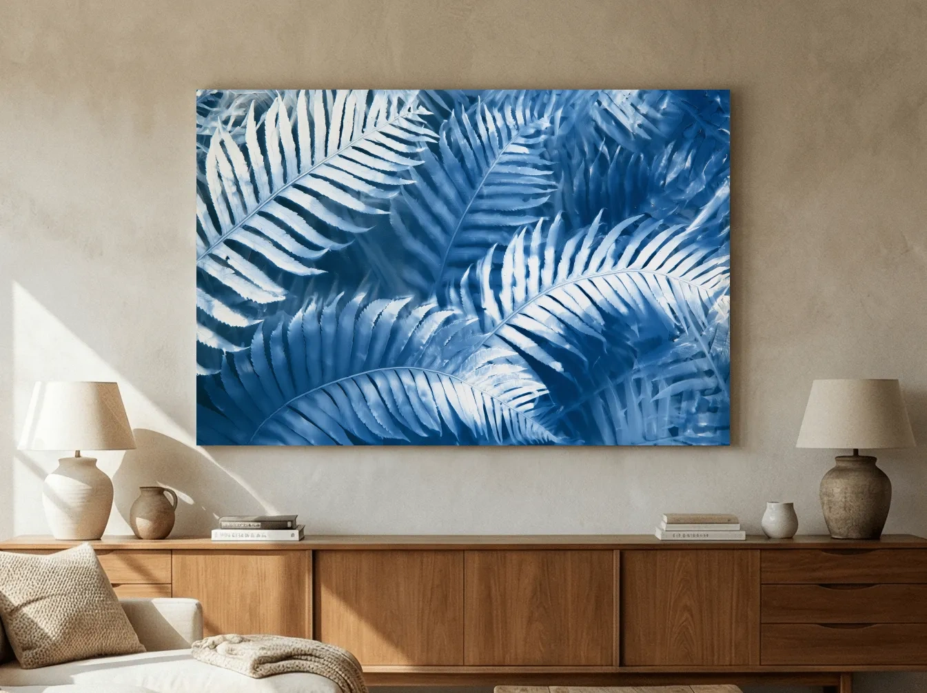 Cyanotype Tropical Fern Leaves - Botanical Illustration Art