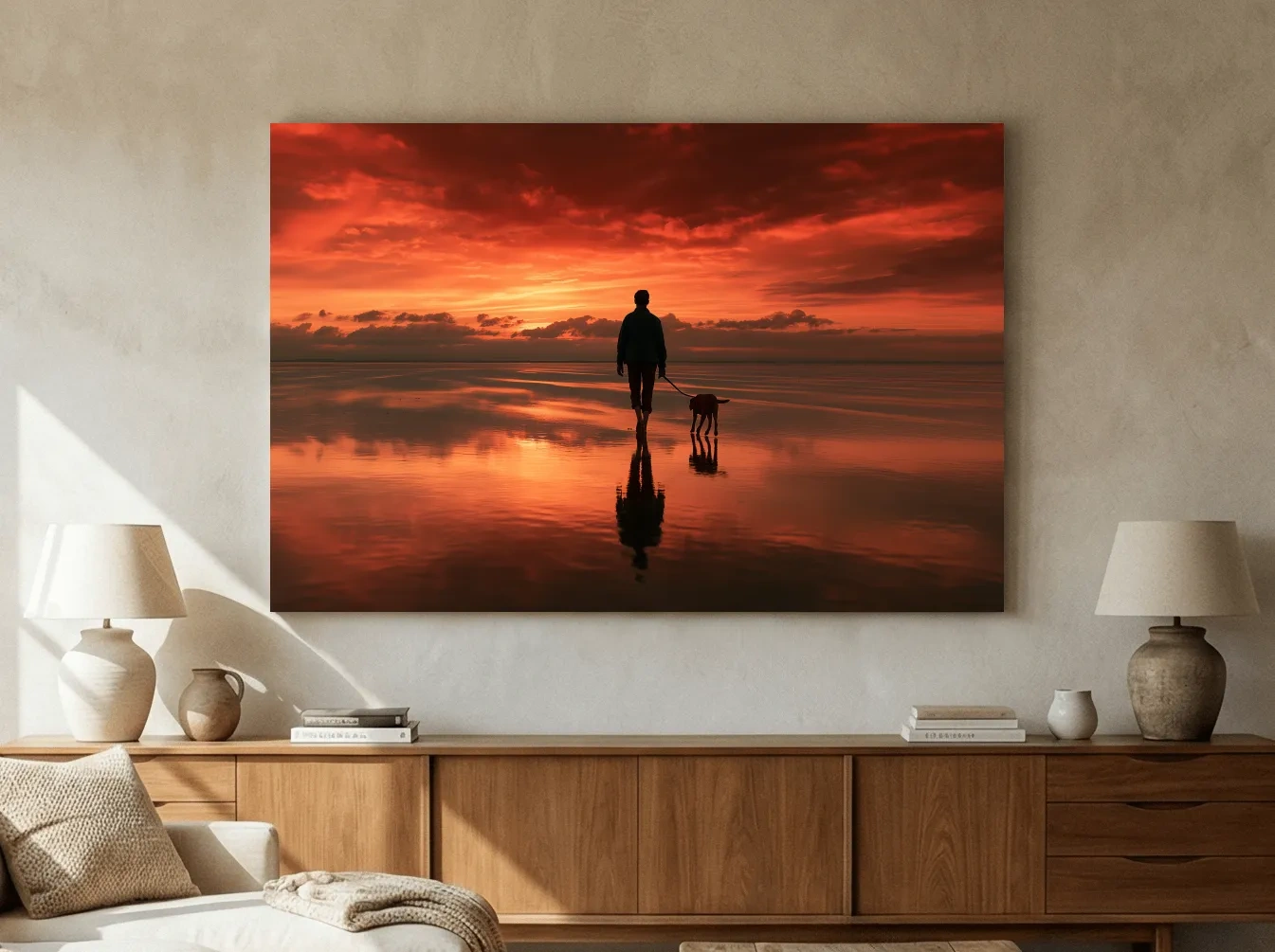 Sunset Beach Walker With Dog - Surreal Photographic Wall Art