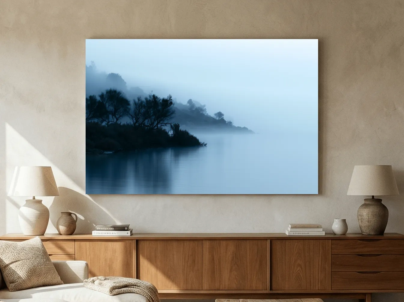 Misty Lakeshore Trees - Minimalist Photographic Wall Art