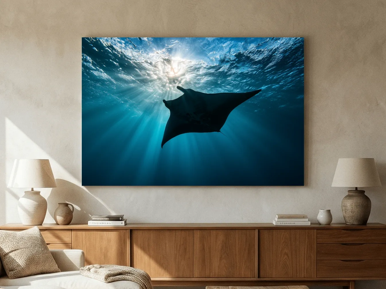 Majestic Manta Ray Silhouette - Sunlit Underwater Photographic Art