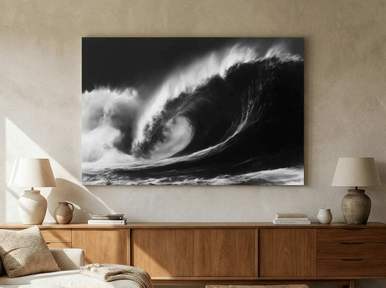 Abstract Curling Wave Drawing - Dramatic Monochrome Ocean Wall Art