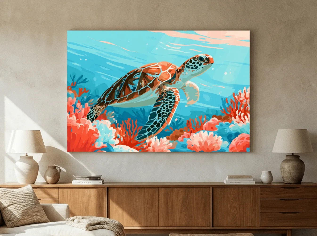 Mid-Century Sea Turtle Reef Illustration - Minimalist Marine Life Wall Art