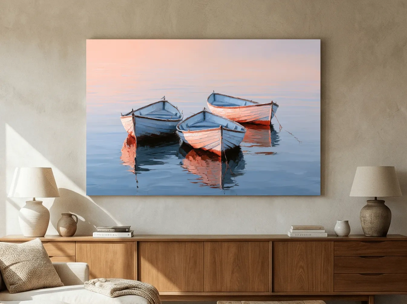 Three Rowboats on Still Water - Impasto Style Nautical Painting Art