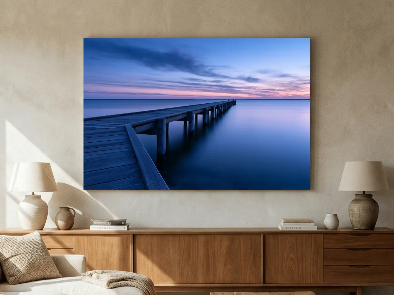 Misty Coastal Pier At Twilight - Long Exposure Photographic Wall Art