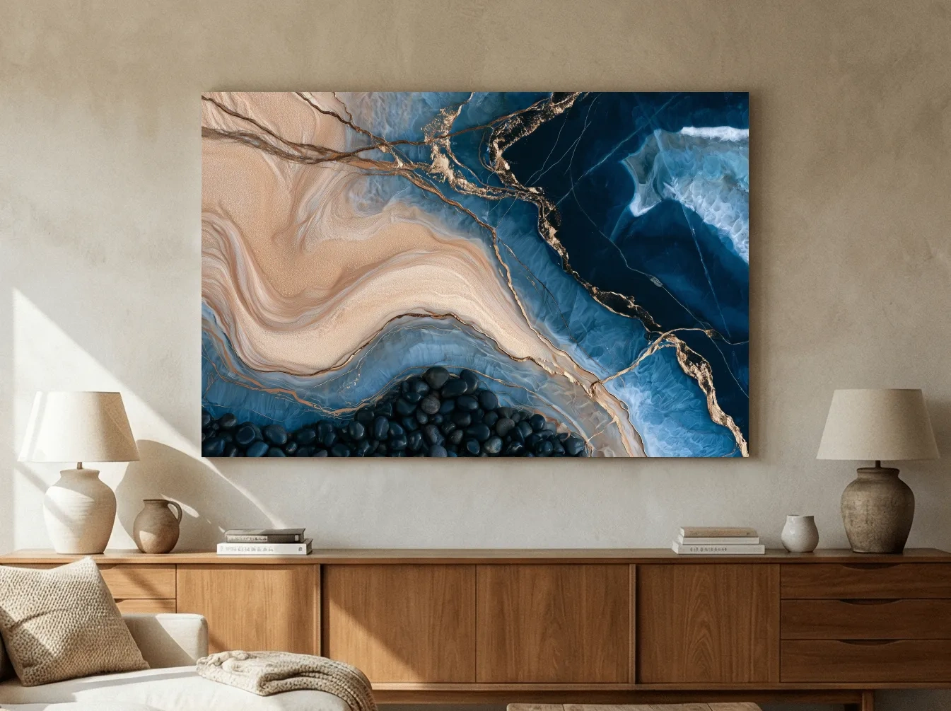 Layered Beach Strata And Pebbles - Abstract Mixed Media Natural Wall Art