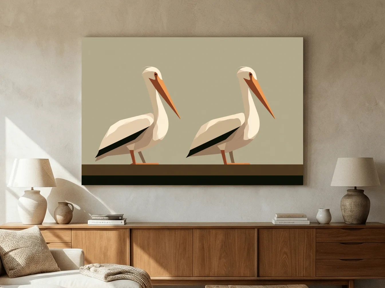 Mid-Century Pelican Pair Illustration - Minimalist Coastal Bird Wall Art