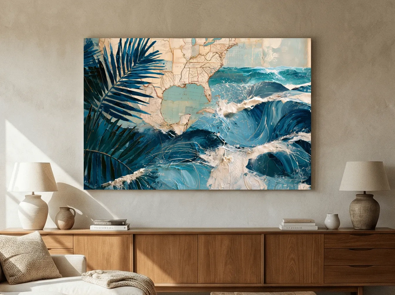 Tropical Palm Waves Map Collage - Mixed Media Ocean Wall Art