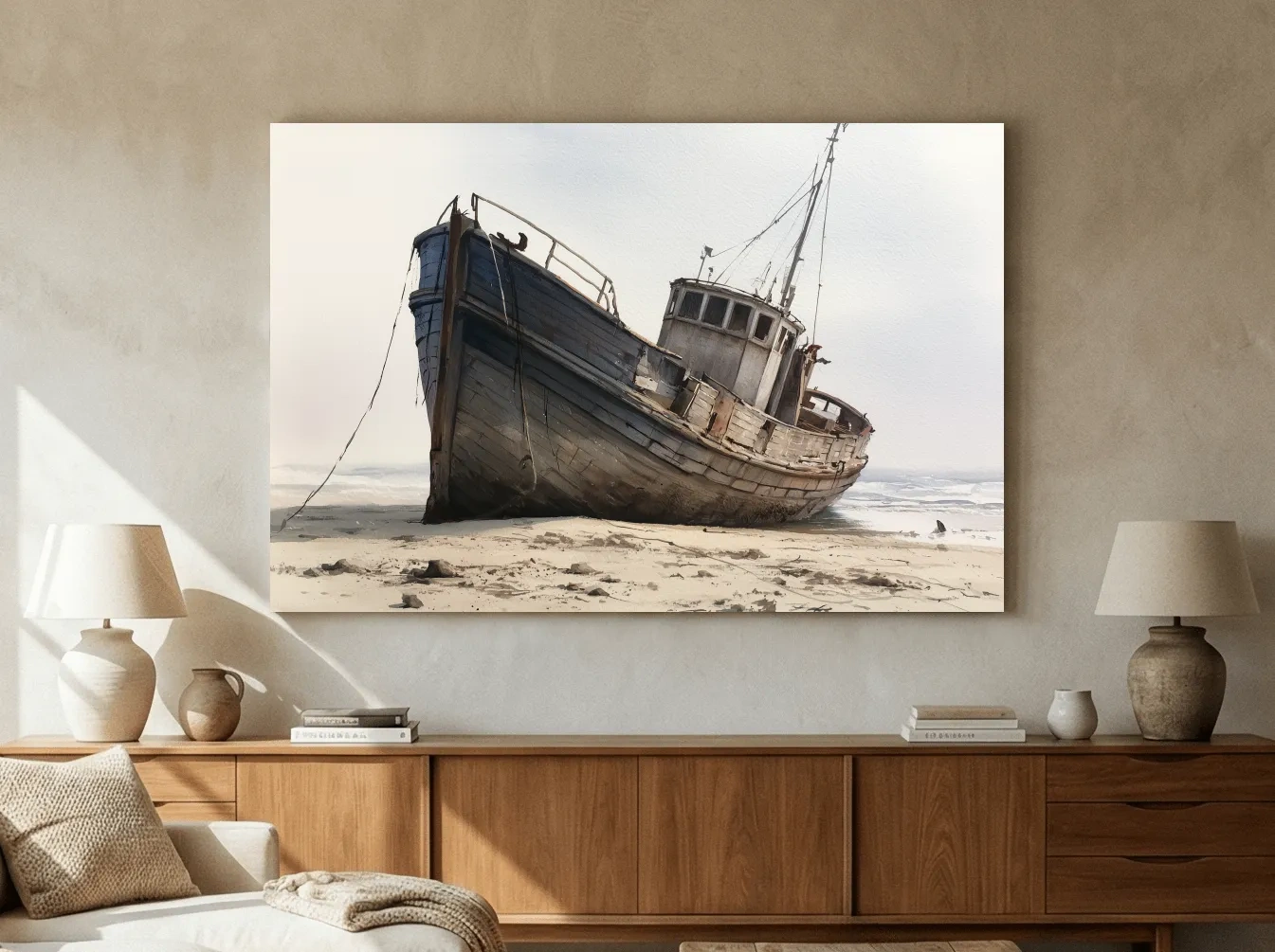 Rustic Shipwreck Watercolour Painting - Weathered Nautical Beach Wall Art