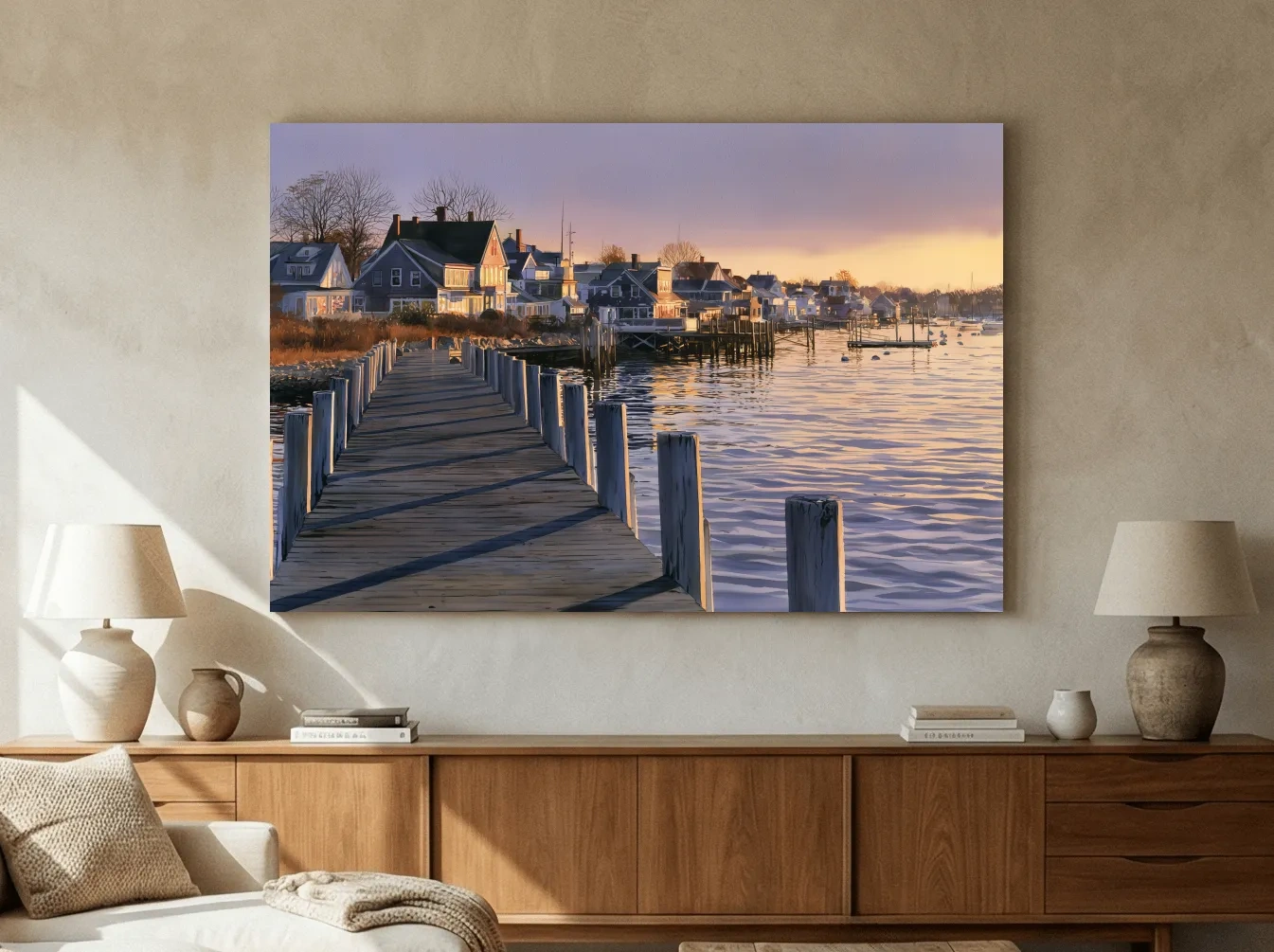 Golden Sunset Harbour Village - Coastal Pier Wall Art