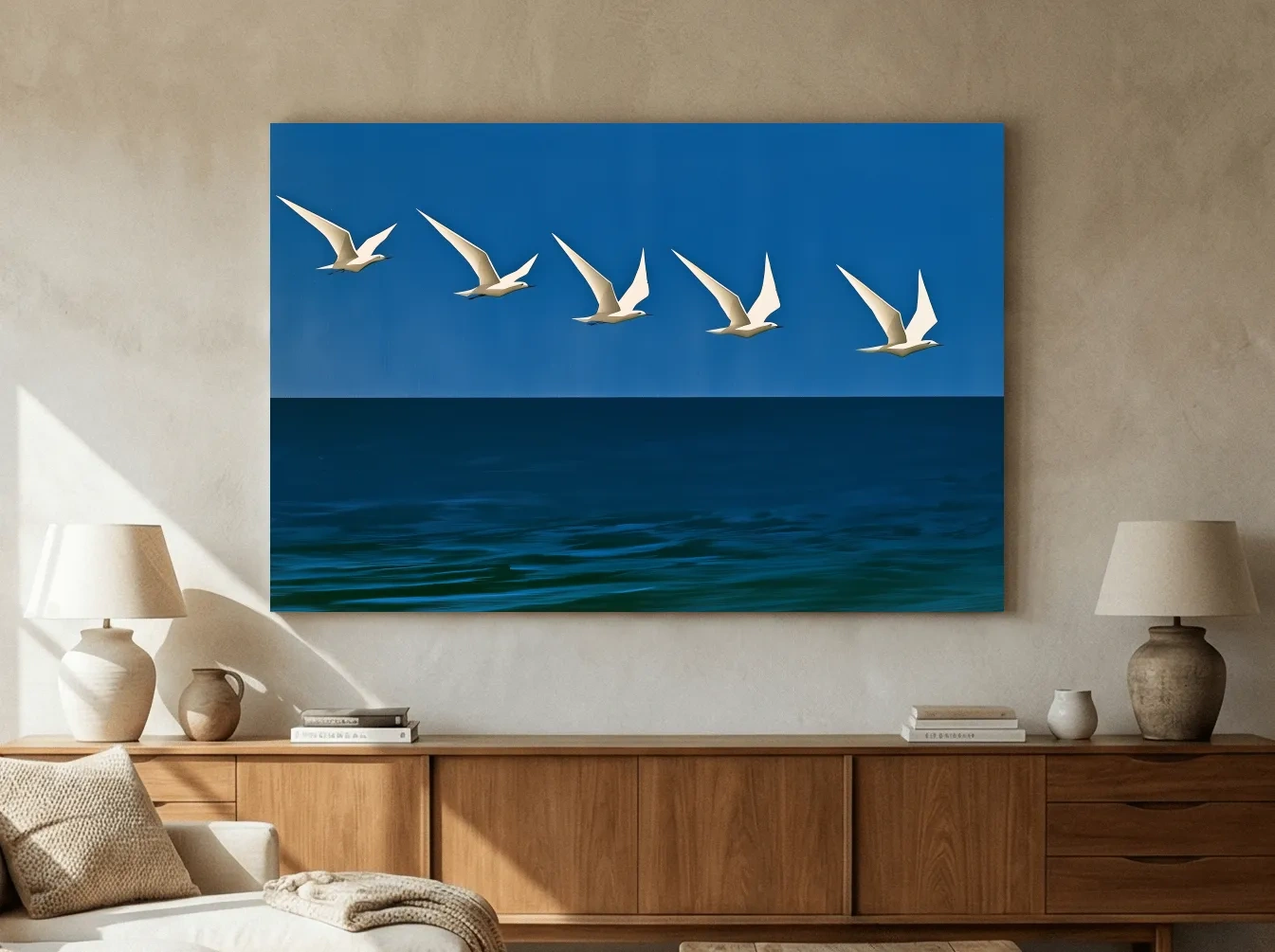 Mid-Century Seagull Flight - Minimalist Ocean Illustration Wall Art