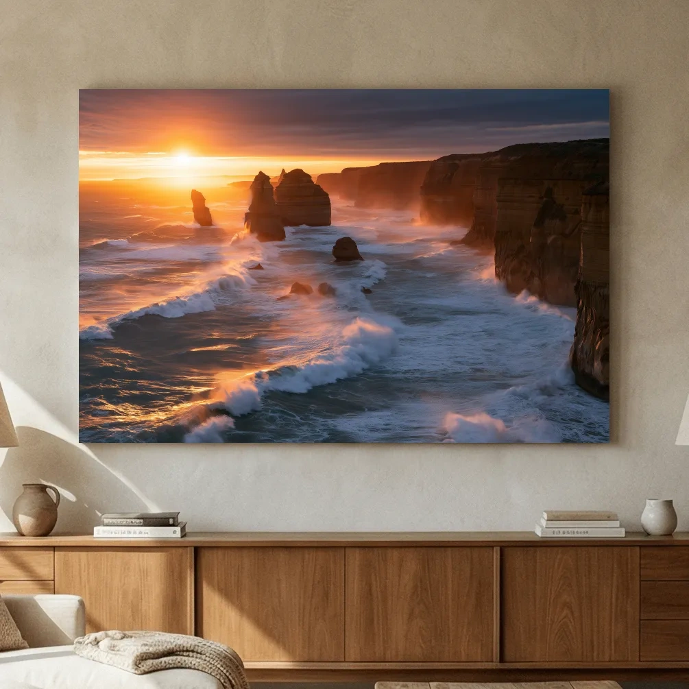 Golden Sunset Sea Stacks - Dramatic Coastal Cliff Photographic Wall Art