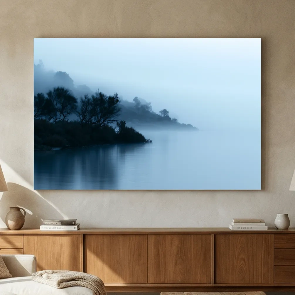 Misty Lakeshore Trees - Minimalist Photographic Wall Art