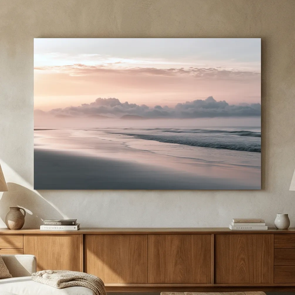 Misty Beach Horizon Painting - Minimalist Boho Wall Art