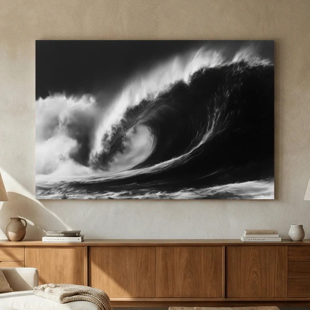 Abstract Curling Wave Drawing - Dramatic Monochrome Ocean Wall Art