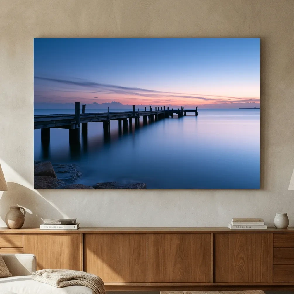 Misty Coastal Pier at Twilight - Long Exposure Photographic Wall Art