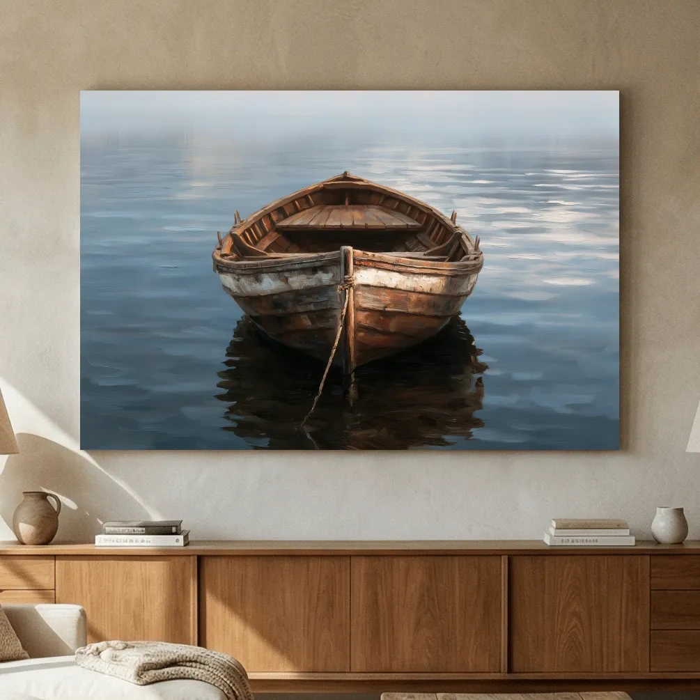 Rustic Wooden Rowboat Painting - Quiet Nautical Water Reflection Art